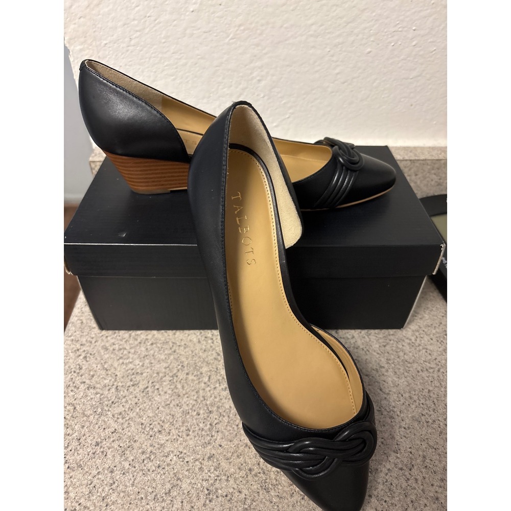 Talbots Laney Knot Black Leather Wedge Pumps Pointed Toe d'Orsay Heels 9M NO
